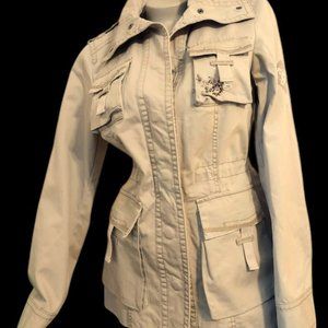 NWOT Esprit Military Style woman, jacket, Beige Embroidered Flowers and Beads M